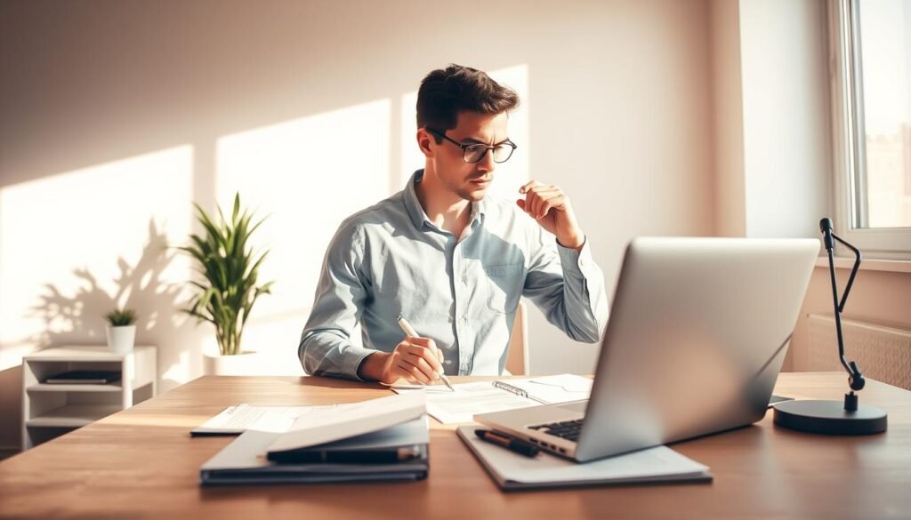 A serene, sun-drenched workspace where a focused individual overcomes procrastination. In the foreground, a desk with a laptop, pen, and neatly organized papers, conveying a sense of task-oriented discipline. The middle ground features a potted plant and a stylish desk lamp, adding natural elements and task-oriented lighting. The background depicts a tranquil, minimalist room with warm, diffused lighting, creating a calming atmosphere conducive to productivity. The subject's posture is upright and determined, their gaze fixed on the screen, symbolizing their triumph over the temptation to delay. This image embodies the strategies for tackling procrastination and boosting efficiency when tackling multiple tasks.