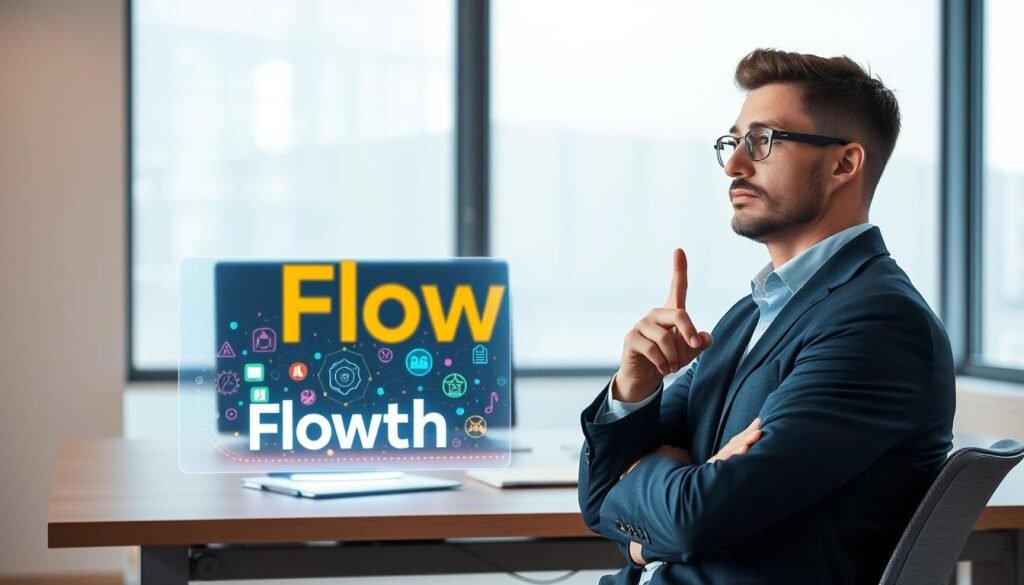 A serene, well-lit office setting, with a desk showcasing a futuristic holographic display featuring the word "Flowith" surrounded by a vibrant array of colorful icons and symbols. In the foreground, a thoughtful businessperson contemplates the pros and cons, their expression conveying a sense of consideration and analysis. The background is a clean, minimalist environment, with soft, natural lighting filtering in through large windows, creating a calming and productive atmosphere. The overall composition emphasizes the intersection of technology, decision-making, and the potential benefits and challenges of the "Flowith" workflow system.