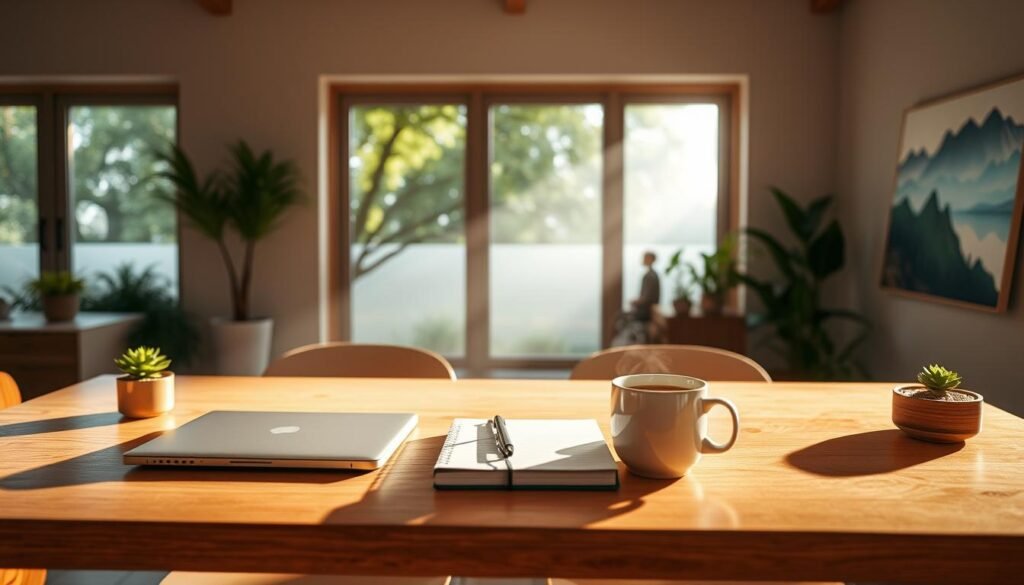 A serene workspace bathed in warm, natural lighting. On a wooden desk, a laptop, a notebook, and a cup of steaming coffee sit alongside mindfulness-themed decor - a small zen garden, a potted plant, and a calming landscape painting. The background features a tranquil, minimalist interior with large windows overlooking a lush, verdant garden. The overall atmosphere promotes focus, clarity, and deep work.