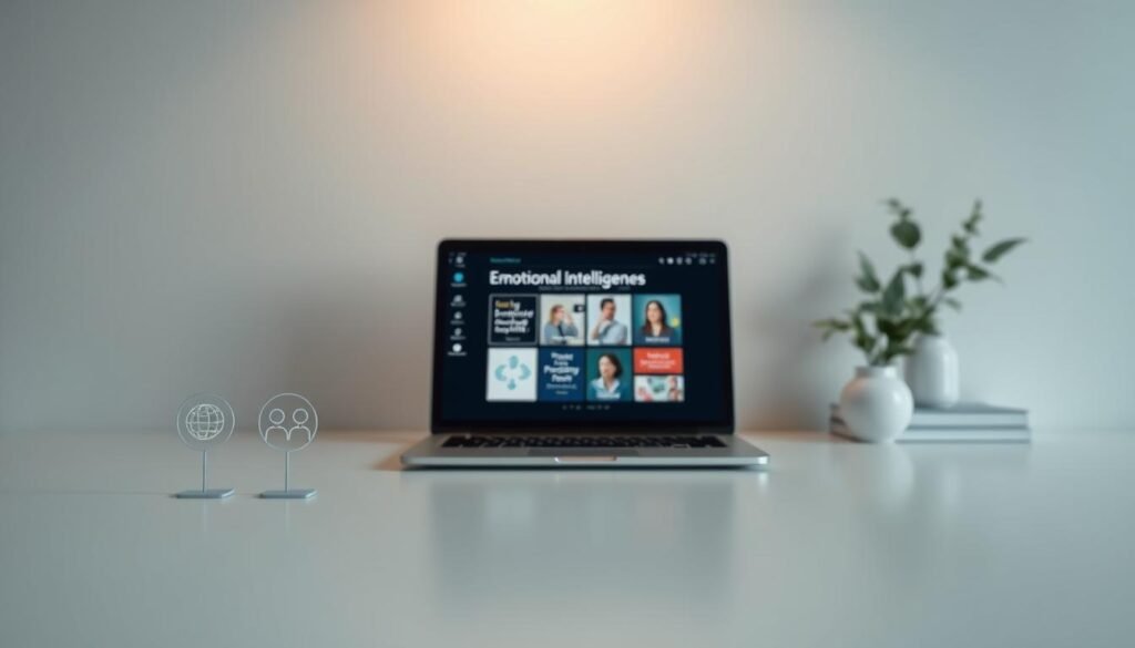 A serene workspace with a tactile, minimalist aesthetic. The foreground features elegant, stylized icons representing key emotional intelligence skills - self-awareness, empathy, adaptability. The middle ground showcases a sleek, modern laptop displaying visuals related to practical EQ applications. The background has a muted, calming color palette, with soft lighting that creates a contemplative, focused atmosphere. Crisp, high-resolution rendering with a slight sense of depth and perspective, conveying the thoughtful, insightful nature of emotional intelligence in a professional context.