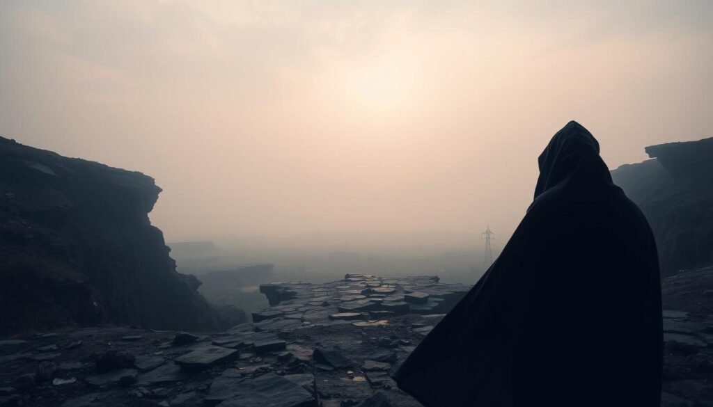A serene yet unsettling scene of the challenges in mental health. In the foreground, a figure shrouded in a cloak of darkness, symbolizing the burden of mental illness. In the middle ground, a fragmented, disjointed landscape, representing the complexities and obstacles faced by those struggling with their mental well-being. The background features a hazy, dreamlike sky, conveying the sense of uncertainty and the need for a brighter future. Soft, diffused lighting creates an introspective, contemplative atmosphere. Captured through a wide-angle lens, the composition emphasizes the vastness of the challenges while hinting at the possibility of healing and growth.