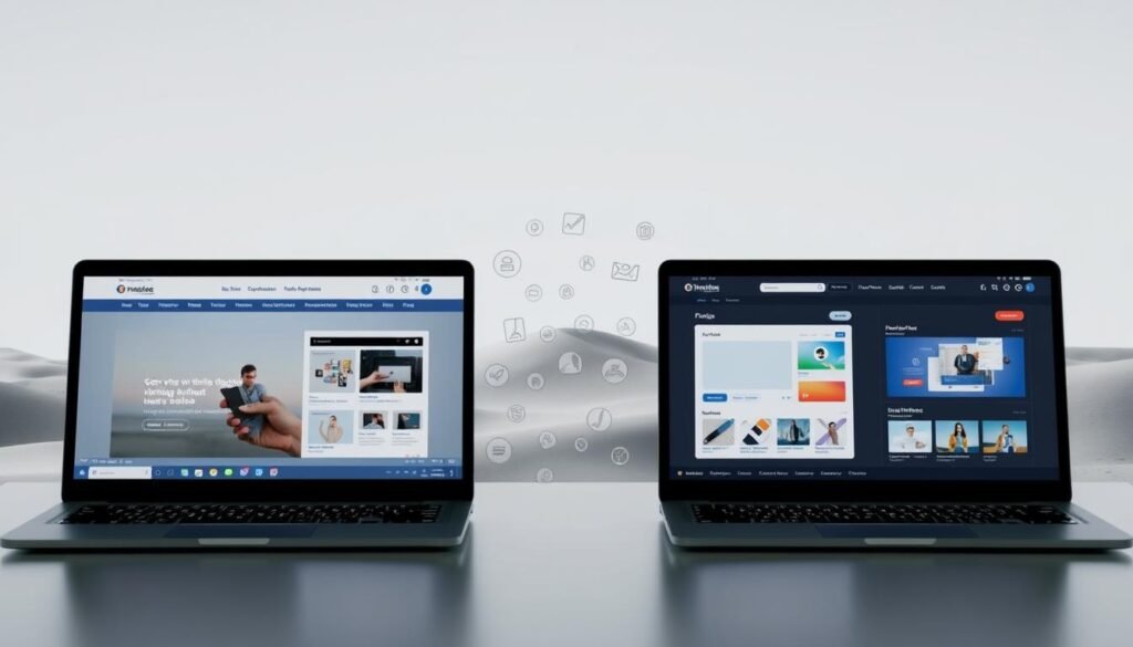 A side-by-side comparison of leading website design platforms, showcasing their unique features and capabilities. In the foreground, sleek and modern user interfaces of the platforms are displayed, highlighting their intuitive drag-and-drop editors, customizable templates, and responsive design tools. In the middle ground, icons and graphics symbolize the platforms' diverse functionalities, such as e-commerce integration, SEO optimization, and collaborative workflows. The background depicts a minimalist, gradient-based landscape, creating a clean and professional atmosphere. Lighting is soft and diffused, accentuating the platforms' visual appeal and user-friendliness. The overall composition conveys a sense of informed decision-making, empowering readers to compare and contrast the leading website design solutions.