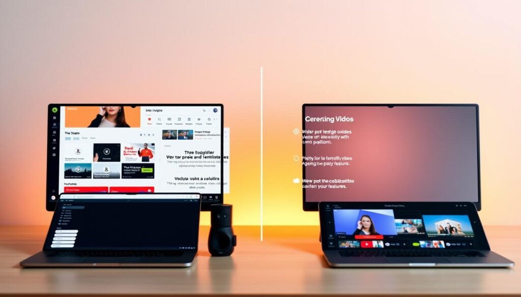 A side-by-side comparison of popular video creation platforms, showcasing their features and capabilities. The foreground depicts sleek, modern user interfaces of the platforms, with crisp icons and intuitive layouts. The middle ground highlights key differentiating functionalities, such as video editing tools, templates, and collaboration features. The background subtly contrasts the platforms, using a clean, minimalist style to emphasize their unique strengths and positioning. Warm, directional lighting accentuates the various UI elements, creating a professional, informative atmosphere. The overall composition aims to provide a comprehensive, visually engaging overview of the video platform landscape.