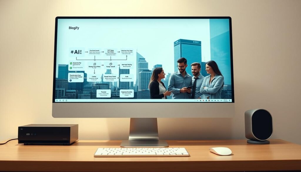 A sleek and modern-looking desktop computer, its screen displaying a workflow of automated content generation. The foreground features a clean, minimalist interface with various AI-driven tools and modules for creating blog posts, optimizing SEO, and managing social media. The middle ground showcases a team of digital marketers collaborating on the platform, their expressions focused and engaged. The background depicts a cityscape of skyscrapers, symbolizing the professional, enterprise-level nature of the Blogify service. The lighting is soft and indirect, creating a sense of efficiency and productivity. The overall composition conveys the power of Blogify's automated content solutions to enhance online visibility and drive traffic.