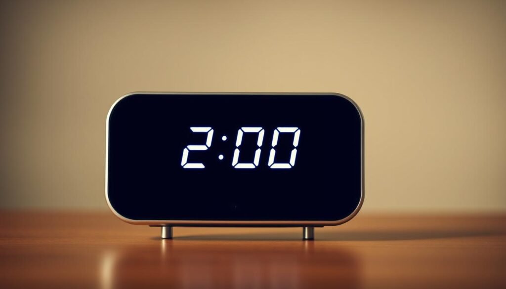 A sleek, minimalist digital clock display against a blurred background, showcasing the "2-minute rule" concept. The clock face prominently features the numbers "2:00" in a clean, modern typeface, with a subtle glow effect to draw the viewer's attention. The background is softly out of focus, creating a sense of depth and emphasizing the central clock element. The lighting is warm and natural, creating a calming, contemplative atmosphere. The overall composition is balanced and visually striking, effectively illustrating the "2-minute rule" as a simple yet powerful time management technique.