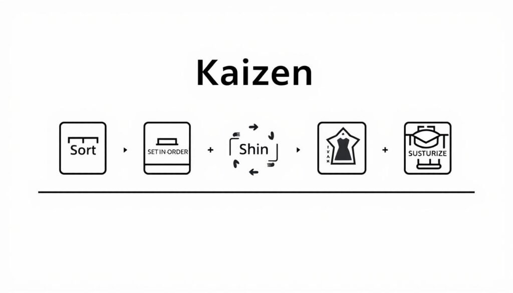 A sleek, minimalist illustration of the Five Principles of Kaizen (5S) against a clean, white background. In the foreground, five geometric icons representing each principle - Sort, Set in Order, Shine, Standardize, and Sustain - are arranged in a symmetrical, organized layout. The icons are rendered in a sophisticated, monochromatic color palette, with subtle gradients and shadows to give them depth and dimensionality. The middle ground features a faint grid or blueprint-like pattern, hinting at the systematic, process-driven nature of the 5S methodology. The overall aesthetic is one of precision, efficiency, and a relentless pursuit of continuous improvement, perfectly capturing the essence of the Kaizen philosophy.