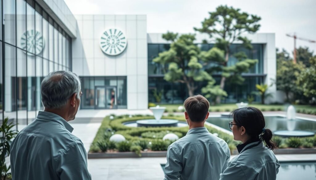 A sleek, modern cognitive processing center with a minimalist design. The building is constructed with clean lines and glass panels, allowing natural light to flood the interior. The facade features a prominent logo or symbol, conveying the facility's focus on advanced cognitive research and analysis. In the foreground, a group of scientists or researchers can be seen engaged in deep discussion, their expressions thoughtful and focused. The background showcases a serene, garden-like setting, with lush greenery and a tranquil water feature, creating a calming, contemplative atmosphere. The lighting is soft and diffused, lending an air of intellectual contemplation to the scene.