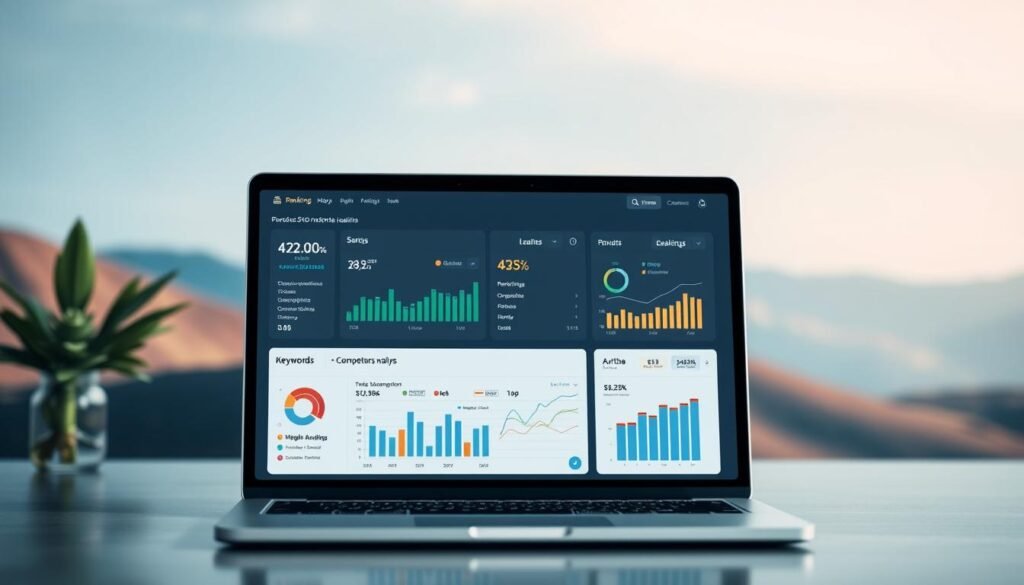 A sleek, modern dashboard interface showcasing the key features of SE Ranking's SEO analysis tool. In the foreground, clean icons and visualizations illustrate metrics like keyword rankings, site audits, and competitor analysis. The middle ground features a laptop or desktop display with a visually appealing, intuitive user interface. The background has a blurred, minimalist landscape suggesting a professional, technology-driven setting. Soft lighting creates depth and highlights the tool's capabilities. The overall mood is one of efficiency, clarity, and data-driven insights to improve SEO performance.