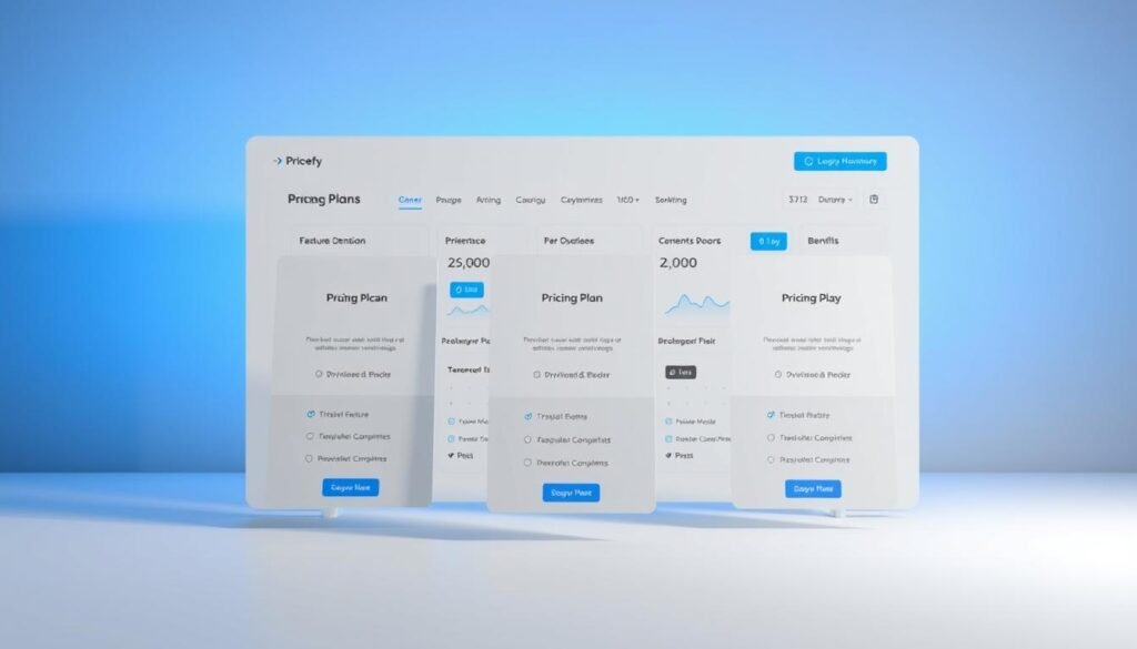 A sleek, modern dashboard showcasing the pricing plans of Pricefy. In the foreground, three elegant pricing cards with clean typography and subtle highlights, positioned against a minimalist white background. The middle ground features a series of dynamic data visualizations, illustrating the key features and benefits of each pricing tier. The background subtly blends shades of blue, conveying a sense of trust, intelligence, and professionalism. Soft, directional lighting casts a gentle glow, emphasizing the clarity and precision of the display. The overall composition is visually striking, yet maintains a balance between functionality and aesthetic appeal, perfectly capturing the essence of Pricefy's advanced pricing solutions.