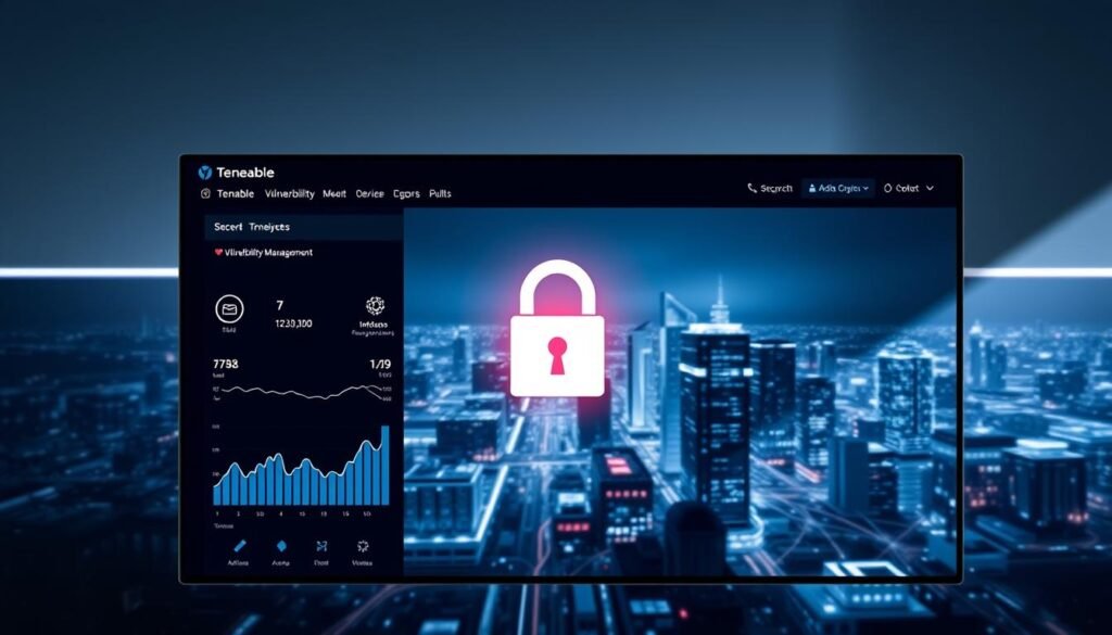 A sleek, modern data security interface with a detailed dashboard showcasing Tenable's vulnerability management capabilities. The foreground features a stylized graphic of a security lock icon and data analytics visualizations. The middle ground depicts a digital cityscape with interconnected networks and devices, emphasizing the breadth of Tenable's security coverage. The background has a minimalist, high-tech aesthetic with subtle glowing accents, conveying a sense of sophistication and control. Soft, directional lighting casts dramatic shadows, adding depth and atmosphere. The overall composition strikes a balance between the technical specifics of vulnerability management and a visually striking, professional design.