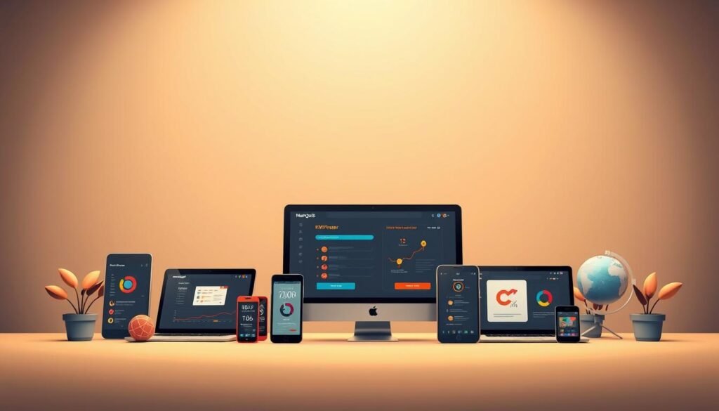 A sleek, modern illustration showcasing the key Mangools SEO tools. In the foreground, a stylized collection of digital devices and icons representing the core Mangools suite - KWFinder, SERPWatcher, LinkMiner, etc. Arranged neatly and intuitively, conveying their seamless integration. The middle ground features a clean, minimalist backdrop with subtle grid patterns, hinting at the data-driven nature of the tools. The background has a soft, gradient wash of muted tones, creating a sense of depth and professionalism. Warm, directional lighting illuminates the scene, casting gentle shadows and highlights to accentuate the sleek, high-tech aesthetic. An overall impression of efficiency, clarity and the power of Mangools to elevate one's SEO efforts.
