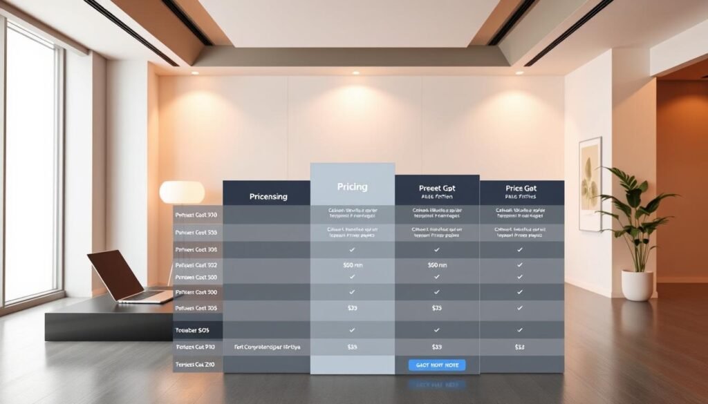 A sleek, modern interior design showcasing a comprehensive pricing plan for CustomGPT. The foreground features a large, prominently displayed pricing table with clearly defined tiers, features, and costs. The middle ground shows a minimalist, high-contrast workspace with a laptop, tablet, and smart devices, suggesting the versatility and integration of the product. The background is a softly lit, warm-toned room with geometric architectural elements, creating a professional, yet inviting atmosphere. The overall scene conveys a sense of sophistication, attention to detail, and the value proposition of the CustomGPT pricing structure.