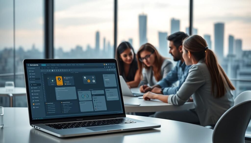 A sleek, modern low-code software development platform, with a clean, minimalist user interface. The foreground features a laptop screen displaying a visual programming environment, filled with intuitive drag-and-drop components. In the middle ground, a group of diverse developers collaborate around a table, discussing their project plans. The background showcases a futuristic city skyline, hinting at the platform's potential to empower rapid application development. Soft, directional lighting creates a sense of focus and professionalism. The overall atmosphere conveys efficiency, innovation, and the democratization of software creation.