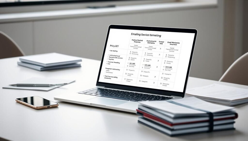 A sleek, modern office desk with a laptop, smartphone, and a stack of neatly organized documents. The laptop screen displays a detailed pricing table for an email marketing service, with various subscription tiers and feature breakdowns. Soft, diffused lighting illuminates the scene, creating a professional and inviting atmosphere. The composition emphasizes the pricing information, drawing the viewer's attention to the key details they need to evaluate the service. The overall mood is one of considered deliberation, as if the viewer is carefully weighing the options to make an informed decision.