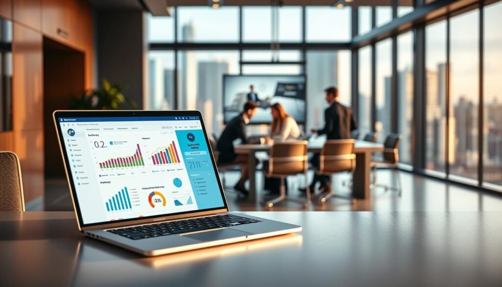 A sleek, modern office interior with a large desk and chair in the foreground. On the desk, an open laptop displaying a sales automation dashboard, with charts, graphs, and metrics. In the middle ground, a team of professionals collaborating around a conference table, discussing strategies and reviewing data on a large screen. The background features floor-to-ceiling windows, overlooking a bustling cityscape. Warm, directional lighting casts a productive, professional atmosphere, while a subtle depth of field blur emphasizes the focus on the sales automation technology in the foreground.