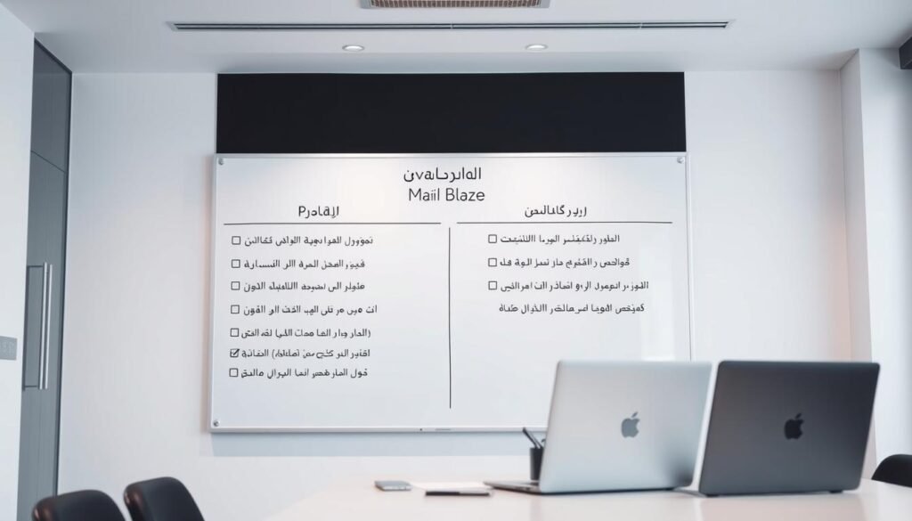 A sleek, modern office setting with a large whiteboard on the wall. On the whiteboard, neatly organized lists of pros and cons for the "Mail Blaze" email service, written in Arabic. The foreground features a professional-looking laptop and some office supplies, suggesting a thoughtful evaluation process. The lighting is soft and diffused, creating a calm, focused atmosphere. The background is slightly blurred, keeping the attention on the whiteboard and the evaluation at hand. The overall scene conveys a sense of careful analysis and decision-making around the features and potential drawbacks of the "Mail Blaze" service.