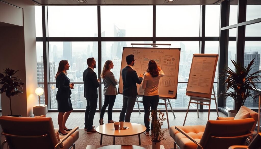 A sleek, modern office setting with a team of professionals strategizing on a large whiteboard. The scene is bathed in warm, focused lighting, creating a productive and collaborative atmosphere. In the foreground, a group of people stand around the whiteboard, gesturing and engaged in a lively discussion. The whiteboard displays a detailed diagram, charts, and notes, reflecting the strategic planning process. The middle ground features ergonomic furniture and minimalist decor, hinting at an efficient, streamlined workspace. In the background, large windows offer a view of a bustling city skyline, underscoring the high-stakes nature of the strategic implementation. The overall composition conveys a sense of purposeful, calculated decision-making.