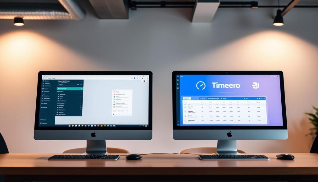 A sleek, modern office setting with two desktop computers side-by-side, displaying the user interfaces of a "Buddy Punch" time tracking app and a "Timeero" time tracking app. The computers are set against a minimalist backdrop of clean lines, neutral colors, and subtle industrial elements. Warm, directional lighting from above casts a professional glow, highlighting the comparison between the two apps. The scene conveys a sense of productivity, efficiency, and informed decision-making for a busy workplace.