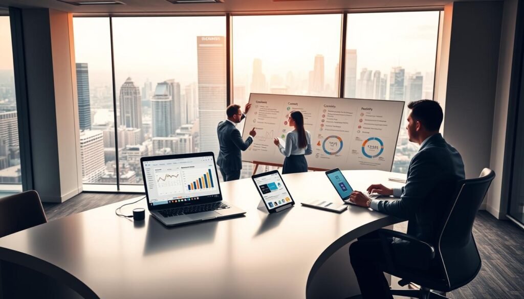 A sleek, modern office space with a large, curved desk in the foreground. On the desk, a laptop and tablet display various analytics and dashboards, showcasing the management of a digital presence. In the middle ground, a team of professionals collaborates around a large, interactive whiteboard, mapping out content strategies and social media plans. The background features floor-to-ceiling windows overlooking a vibrant city skyline, bathed in warm, natural lighting. The overall atmosphere conveys a sense of productivity, innovation, and a focus on leveraging digital tools to enhance the company's online presence.