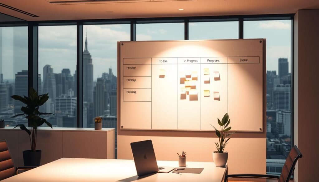 A sleek, modern office workspace with a large whiteboard showcasing a Kanban board layout. The board features columns for "To Do", "In Progress", and "Done", with sticky notes representing various tasks. The foreground shows a stylish desk with a laptop, pen holder, and a potted plant, creating a minimalist and organized aesthetic. Warm, directional lighting illuminates the scene, casting subtle shadows and highlighting the clean lines of the furniture. The background features floor-to-ceiling windows, offering a panoramic view of a bustling city skyline, conveying a sense of productivity and efficiency in a professional setting.