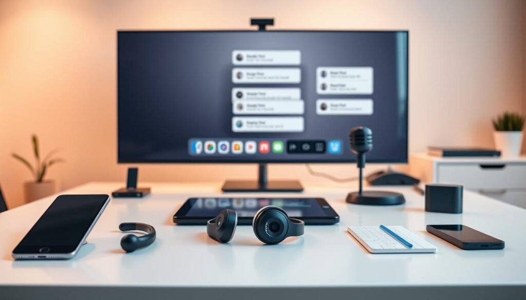 A sleek, modern office workspace with various communication devices arranged neatly on a minimalist desk. In the foreground, a high-end smartphone, tablet, and wireless headphones symbolize smart, efficient communication tools. The middle ground showcases a state-of-the-art video conferencing setup with a webcam and microphone, hinting at remote collaboration capabilities. In the background, a large, frameless monitor displays a visual representation of digital messaging platforms, conveying the idea of seamless, interconnected communication alternatives. The scene is bathed in warm, soft lighting, creating a calm, professional atmosphere that evokes productivity and innovation.
