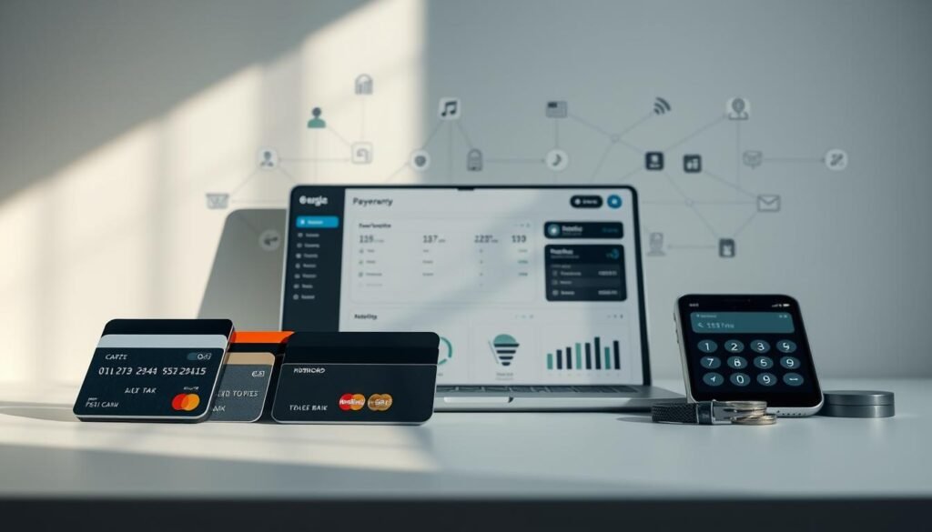 A sleek, modern payment platform with a clean, minimalist design. In the foreground, various payment options are displayed, including credit/debit cards, mobile wallets, and online banking icons. The middle ground features a minimalist dashboard with transaction data and analytical insights. In the background, a grid of interconnected icons represents the seamless integration with different e-commerce and accounting systems. The overall scene is bathed in a soft, neutral color palette, creating a sense of professionalism and efficiency. Dramatic lighting from the side casts subtle shadows, emphasizing the depth and three-dimensional nature of the composition.