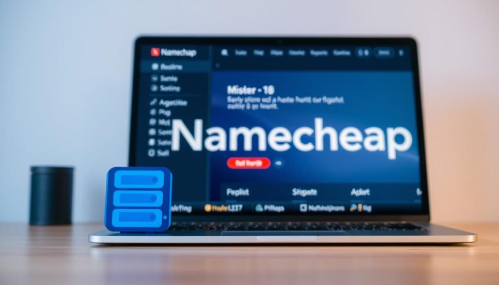 A sleek, modern web hosting service with Namecheap branding prominently displayed. The foreground showcases a stylized web server icon, conveying the core hosting capabilities. The middle ground features a clean, minimalist interface with intuitive navigation, reflecting the user-friendly experience. In the background, a gradient-based pattern or texture adds depth and a sense of technology. Soft, diffused lighting creates a professional, trustworthy atmosphere, while a slightly low camera angle emphasizes the reliable and capable nature of the hosting service.