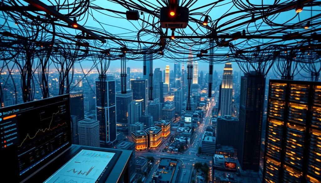 A sprawling network of interconnected servers, the Bright Data Proxy Network stands as a testament to the power of distributed infrastructure. In the foreground, a sleek control panel displays real-time analytics, while in the middle ground, a complex web of virtual pathways snakes through a matrix of nodes. In the background, a vibrant cityscape serves as a backdrop, its towering skyscrapers and bustling streets a symbol of the global reach of this robust proxy solution. Warm, indirect lighting casts a soft glow, creating an atmosphere of efficiency and reliability. Captured through a wide-angle lens, the image conveys the scale and sophistication of Bright Data's comprehensive proxy network, a vital tool for accurate web data extraction.