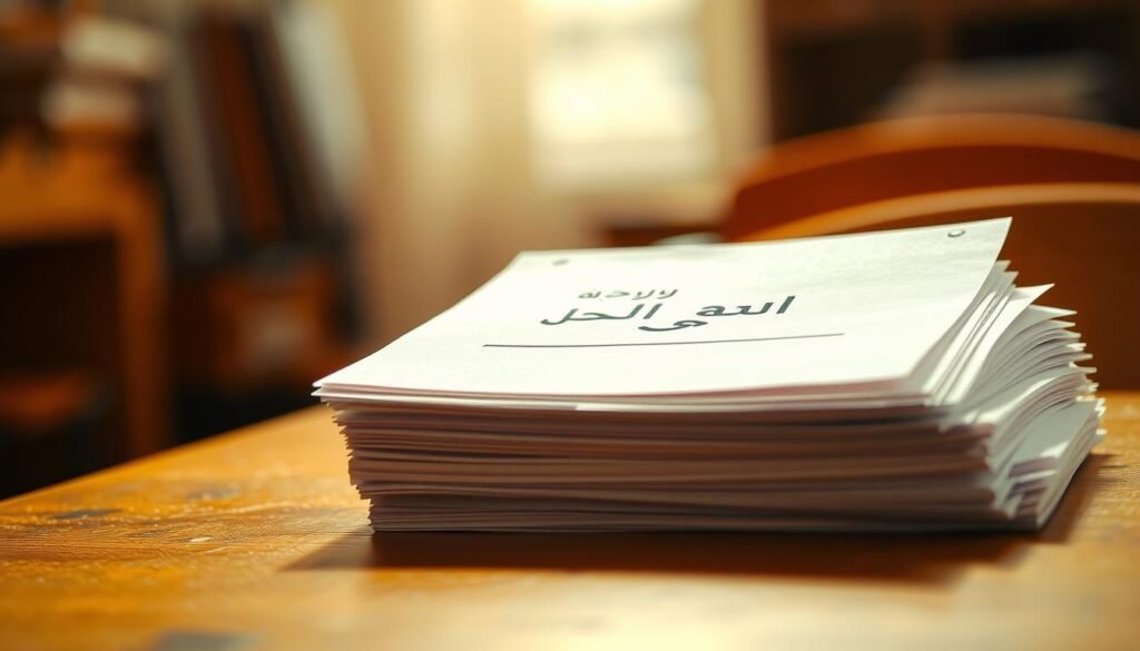 A stack of exam papers on a wooden desk, illuminated by warm, soft lighting. The papers have handwritten Arabic text representing "أسئلة الاختبار" (Exam Questions). The background is slightly blurred, drawing the viewer's attention to the focal point of the exam papers. The image conveys a sense of focus, concentration, and the academic environment associated with taking a test to determine one's mental age.