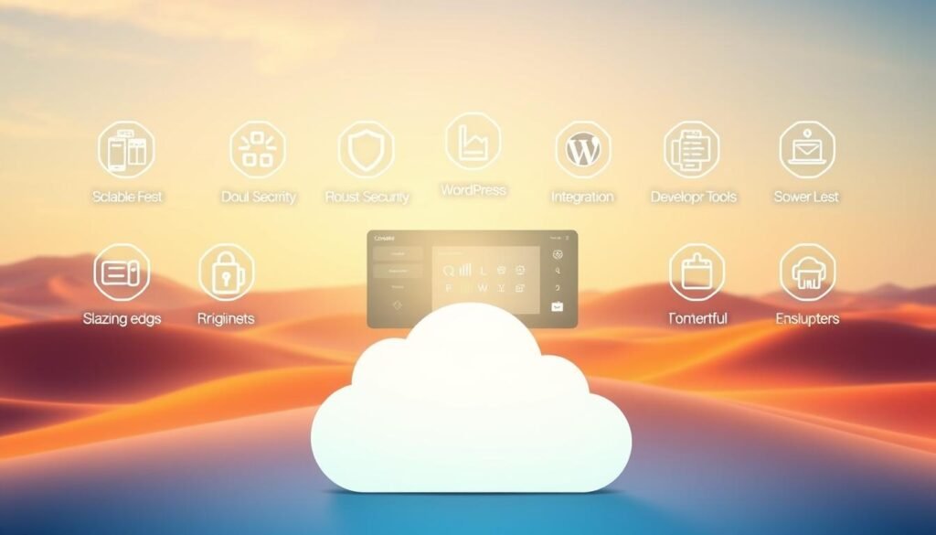 A striking digital illustration showcasing the key features of Cloudways' advanced cloud hosting services. In the foreground, a modern, stylized cloud icon symbolizes the scalable, flexible cloud infrastructure. Behind it, an array of sleek, minimalist icons representing Cloudways' cutting-edge capabilities: blazing-fast performance, robust security measures, seamless WordPress integration, and powerful developer tools. The middle ground features a clean, vibrant interface with intuitive controls, hinting at the platform's user-friendly design. In the background, a soft, gradient-based landscape sets the tone, conveying a sense of stability, reliability, and innovation. Warm, directional lighting accentuates the refined, premium aesthetic, making this a visually compelling representation of Cloudways' market-leading cloud hosting features.