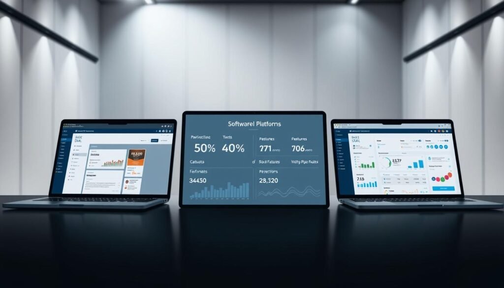A stylish and informative comparison of popular software deal platforms, showcasing their unique features and capabilities. The foreground depicts three laptop screens displaying the interfaces of the platforms, with subtle yet distinctive branding and design elements. The middle ground highlights key statistics and metrics, allowing for an at-a-glance analysis of the platforms' performance. The background features a minimalist, high-tech environment with clean lines and a muted color palette, creating a sense of professionalism and sophistication. Subtle lighting and a shallow depth of field draw the viewer's attention to the central comparison, while the overall composition conveys a sense of balance and harmony.