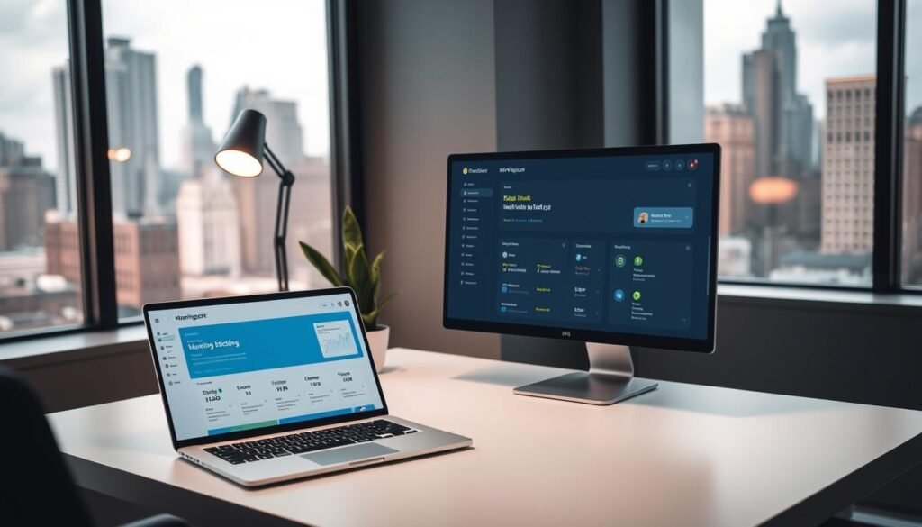 A stylish office scene showcasing the Morningscore dashboard. In the foreground, a sleek laptop displays the Morningscore interface, highlighting the intuitive backlink management tools. The middle ground features a minimalist desk setup with a potted plant, a crisp monitor, and a modern desk lamp casting warm, directional lighting. The background depicts a large window overlooking a bustling city skyline, creating a sense of urban sophistication. The overall composition conveys the power and elegance of Morningscore's backlink optimization capabilities within a professional, technology-driven workspace.