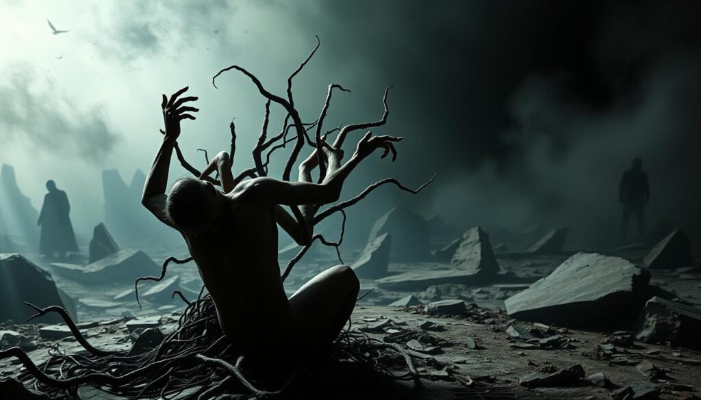 A surreal and unsettling scene depicting the psychological complications of mental illness. In the foreground, a disjointed figure writhes amidst a tangle of shadowy, contorted limbs, symbolizing the distress and fragmentation experienced. The middle ground features a distorted, dreamlike landscape with fractured, angular shapes and muted, disorienting colors, conveying the sense of a distorted, unstable reality. In the background, indistinct, ghostly forms loom, hinting at the underlying complexities and unseen forces that contribute to the manifestation of mental health challenges. The lighting is moody and atmospheric, with dramatic chiaroscuro effects that heighten the sense of unease and psychological tension. The overall composition and visual style aim to evoke the unsettling and multifaceted nature of the complications associated with mental illness.