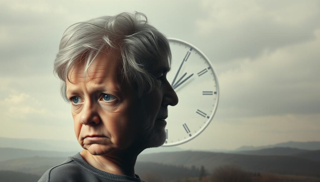 A surreal visual metaphor contrasting the concept of mental age and chronological age. In the foreground, a young child's face blended with an elderly person's, representing the divergence between intellectual maturity and physical time. The middle ground features a stylized clock face, its hands skewed, symbolizing the disconnect between the two measures of age. The background is a dreamlike, hazy landscape, evoking the abstract, subjective nature of cognitive development. Soft, muted colors create a contemplative, introspective mood. Dramatic lighting from multiple angles casts deep shadows, heightening the sense of duality and juxtaposition.
