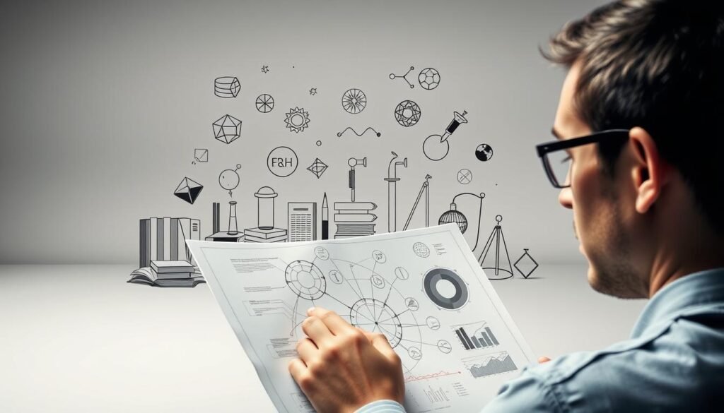 A thought-provoking scene of critical analysis, set against a minimalist backdrop. In the foreground, a person intently examines a complex diagram, their expression one of deep contemplation. The middle ground features a diverse array of symbolic objects - books, scientific instruments, and geometric shapes - hinting at the multifaceted nature of critical thinking. The background is a serene, muted palette, allowing the central focus to shine. Diffused lighting lends a sense of tranquility, while strategic angles and perspectives guide the viewer's eye through the layers of this intellectual exploration.