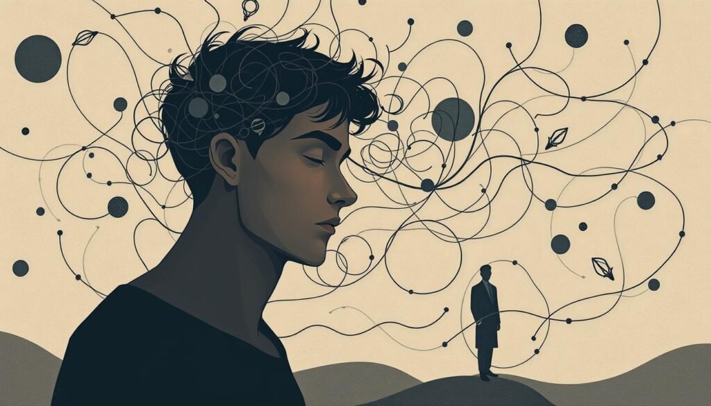 A thoughtful, introspective illustration depicting the interconnected relationship between ideas, emotions, and behavior. A human figure in the foreground, deep in contemplation, their face and body language conveying a range of complex feelings. Surrounding them, a swirling, ethereal landscape of abstract shapes and forms, representing the inner workings of the mind. Soft, muted lighting casts a pensive, meditative atmosphere, inviting the viewer to reflect on the invisible threads that bind our thoughts, our feelings, and our actions. The composition should feel balanced, with a sense of harmony and unity between the different elements, capturing the essence of the chosen section title.