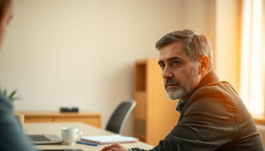 A thoughtful man sitting at a desk, deeply engaged in active listening. The foreground depicts his focused expression, eyes fixed on an unseen conversation partner, one hand raised in a listening gesture. The middle ground showcases a minimalist office setting, with a laptop, notebook, and a cup of coffee, hinting at the professional context. The background is softly blurred, evoking a sense of quiet contemplation. Warm, directional lighting illuminates the scene, creating a contemplative, almost serene atmosphere. The overall composition conveys the concept of "الاستماع النشط" - an attentive, empathetic approach to communication.