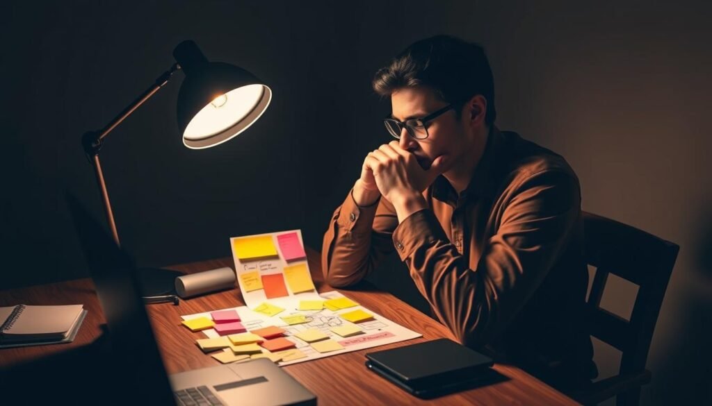 A thoughtful, methodical individual seated at a wooden desk, carefully examining a collection of colorful sticky notes and diagrams, representing the process of problem-solving. The scene is illuminated by a warm, focused light, casting subtle shadows and creating a contemplative atmosphere. The background is slightly blurred, allowing the subject to be the central focus, conveying the importance of systematic thinking in everyday life.