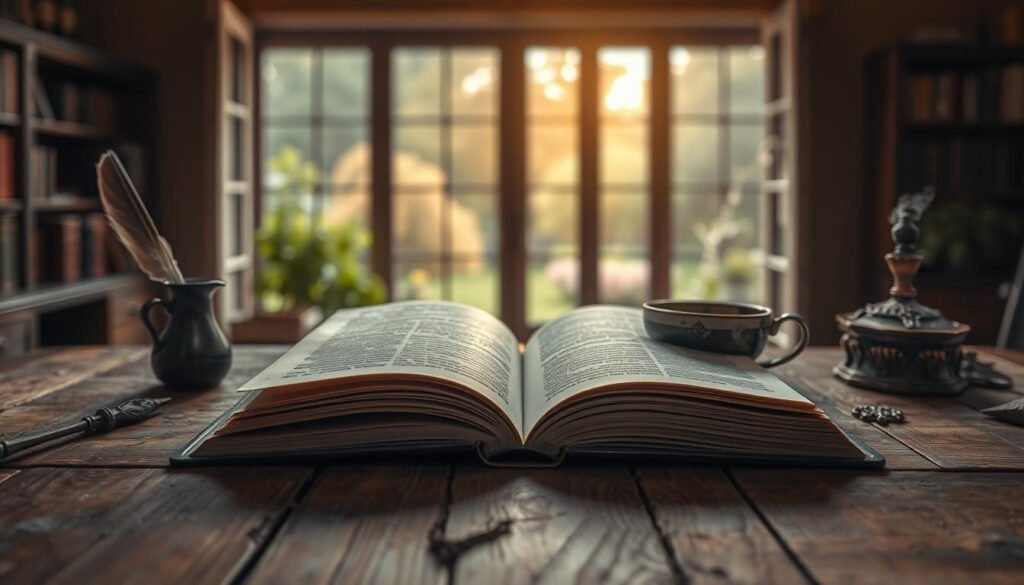A tranquil and contemplative scene, showcasing the lessons learned from a captivating novel. In the foreground, an open book rests upon a weathered wooden table, its pages gently turned by a soft breeze. Surrounding it, a collection of symbolic objects - a quill, an inkwell, and a cup of steaming tea - create a serene and intellectual atmosphere. In the middle ground, a large window overlooking a peaceful garden, where natural light filters in, casting a warm glow and inviting introspection. The background is a softly blurred, cozy interior, hinting at the comforts of a study or a library, where one can delve deep into the insights and lessons offered by the written word. The overall mood is one of quiet contemplation, encouraging the viewer to reflect on the balance between the mind and the heart, and the profound wisdom that can be gleaned from the pages of a captivating narrative.