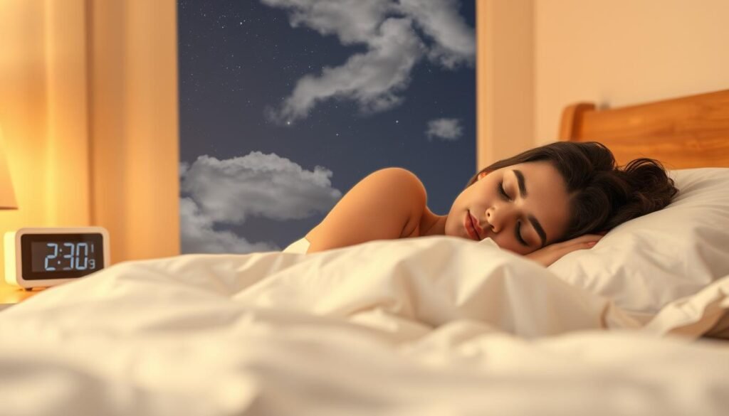 A tranquil bedroom scene with a sleeping figure resting peacefully, their face relaxed and serene. Soft, warm lighting illuminates the room, creating a calming atmosphere. The bed is neatly made, with plush bedding in soothing hues. On the nightstand, a digital clock displays the time, emphasizing the importance of proper sleep duration. In the background, wisps of clouds drift across a starry night sky, symbolizing the rejuvenation that comes with a good night's rest. The overall scene conveys the restorative power of sleep in managing psychological stress and tension.