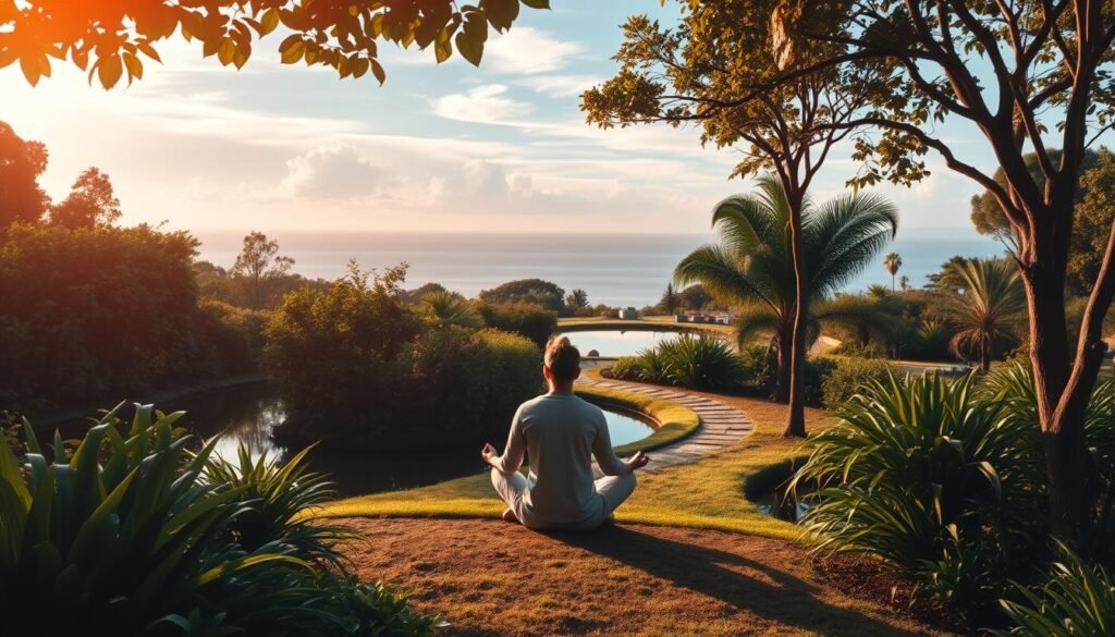A tranquil garden oasis, with lush foliage and a serene pond reflecting the sky. In the foreground, a person sits in a meditative pose, finding balance and harmony amidst the natural surroundings. Warm, diffused lighting casts a soft glow, creating a sense of calm and inner peace. The middle ground features a path winding through the garden, inviting the viewer to explore and discover the strategies for achieving balance. In the background, a distant horizon blends seamlessly with the tranquil scene, symbolizing the integration of various aspects of life. The overall composition conveys a sense of equilibrium, mindfulness, and the interconnectedness of the physical and spiritual realms.