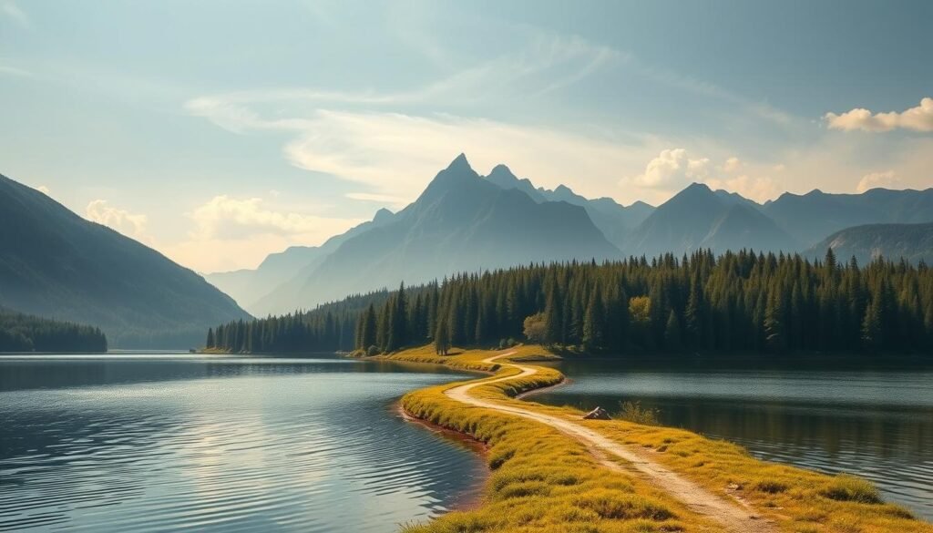 A tranquil landscape depicting the levels of consciousness. In the foreground, a serene lake reflects the sky above, symbolizing the subconscious mind. In the middle ground, a path winds through a lush, verdant forest, representing the conscious mind and its exploration of the self. In the background, towering mountains reach towards the heavens, signifying the higher states of awareness and spiritual enlightenment. The scene is bathed in a warm, golden light, creating a contemplative and introspective atmosphere. The composition is balanced and harmonious, conveying a sense of inner peace and clarity.