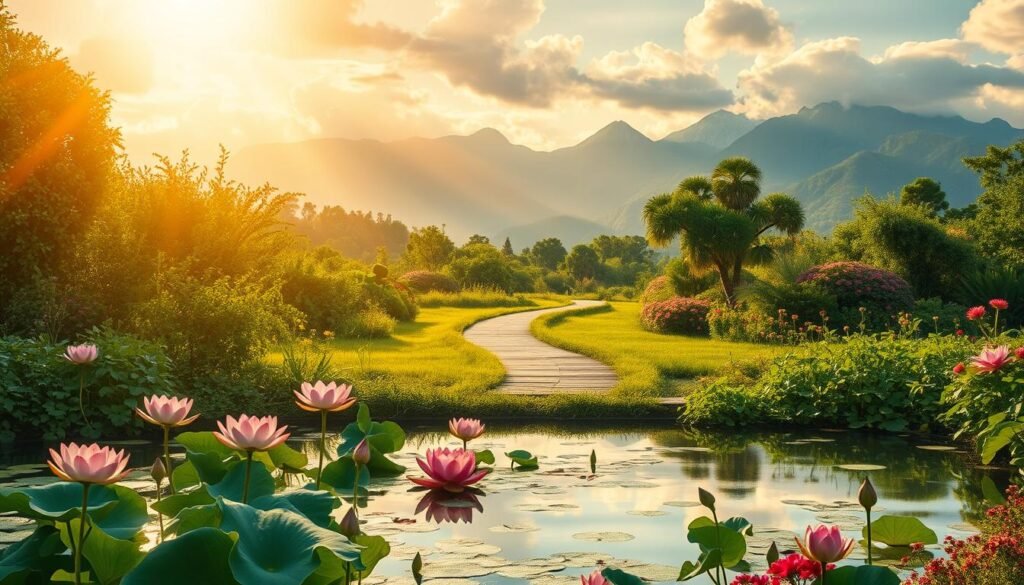 A tranquil oasis of serenity, illuminated by warm, golden sunlight filtering through wisps of ethereal clouds. In the foreground, a serene pond reflects the harmonious balance of nature, its glassy surface dotted with delicate lotus blossoms in shades of pink and white. Surrounding the pond, a lush garden overflows with verdant foliage and vibrant flowers, creating a sense of abundant growth and potential. In the middle ground, a serene path winds through the verdant landscape, inviting the viewer to embark on a journey of self-discovery. The background features majestic mountains, their peaks capped with a dusting of snow, symbolizing the lofty aspirations and challenges that must be overcome to achieve one's goals. The overall scene evokes a sense of tranquility, introspection, and the promise of personal growth and fulfillment.