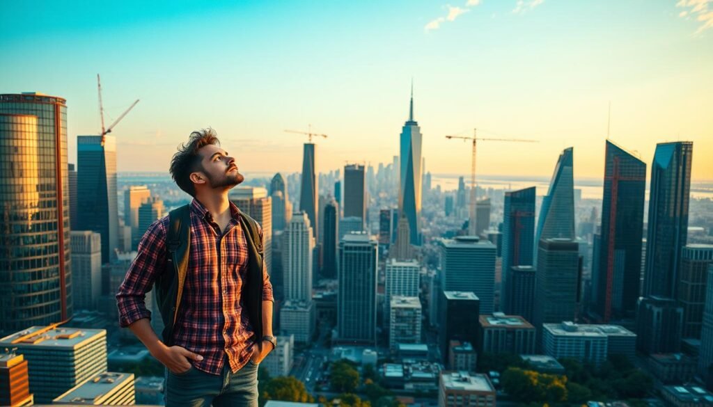 A vibrant and dynamic cityscape, bustling with opportunity. In the foreground, a determined individual stands at a crossroads, gazing upwards with a sense of purpose and optimism. The middle ground is filled with a diverse array of towering skyscrapers, their glass facades glimmering in the warm, golden light of the setting sun. In the background, a panoramic view of the city's skyline, dotted with cranes and construction sites, signifying the constant evolution and growth. The overall atmosphere exudes a palpable energy, inviting the viewer to seize the moment and embrace the limitless potential that lies ahead.