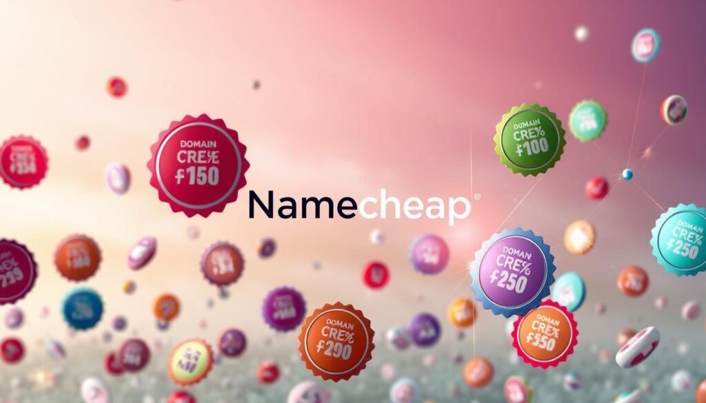 A vibrant and dynamic scene showcasing the latest Namecheap domain deals and discounts. In the foreground, an array of domain name badges in various colors and shapes float effortlessly, each badge displaying an enticing promotional offer. The middle ground features a stylized Namecheap logo, rendered in a minimalist yet eye-catching design, surrounded by shimmering bursts of light and energy. The background is a soft, gradient-filled sky, evoking a sense of excitement and opportunity. The overall composition is balanced, with a focus on showcasing the attractive pricing and savings available through Namecheap's domain registration services.