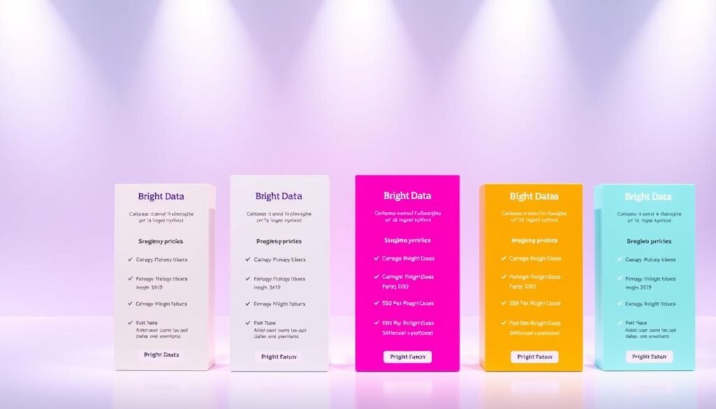 A vibrant and informative visualization of Bright Data's pricing plans, showcasing their various subscription options in a clean and modern layout. The foreground features a grid of neatly arranged price cards, each highlighting the key features and costs associated with Bright Data's different service tiers. The middle ground presents a sleek, minimalist background, perhaps with subtle gradients or geometric patterns, to create a sense of balance and professionalism. The lighting is soft and evenly distributed, accentuating the clarity and legibility of the pricing information. The overall mood is one of clarity, transparency, and attention to detail, reflecting Bright Data's commitment to providing valuable data extraction solutions.