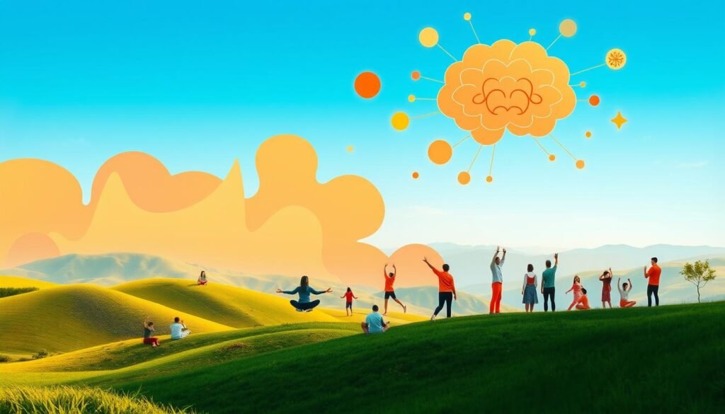 A vibrant and visually striking illustration of "نصائح لتعزيز التفكير الإيجابي". In the foreground, a serene landscape with rolling hills, lush greenery, and a clear blue sky. In the middle ground, a group of people engaged in various positive activities - meditating, exercising, and interacting with one another. In the background, abstract shapes and patterns representing the inner workings of the mind, in shades of warm oranges and yellows. Soft, diffused lighting creates a calming, uplifting atmosphere. The composition emphasizes the interconnectedness of the physical, mental, and emotional aspects of positive thinking, inviting the viewer to reflect on practical ways to cultivate a more optimistic mindset.