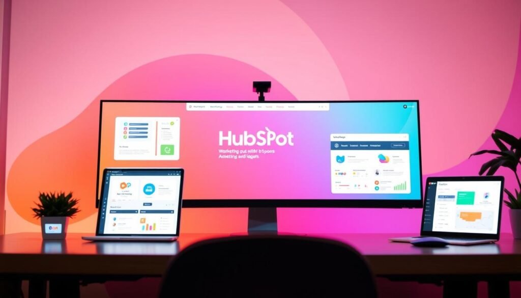 A vibrant digital workspace showcasing the marketing tools within HubSpot's integrated platform. In the foreground, sleek icons and interfaces representing various modules like email campaigns, social media management, and lead tracking. The middle ground features a modern, minimalist layout with clean typography and subtle brand elements. The background has a soft, blurred gradient in HubSpot's signature colors, creating a professional, tech-savvy atmosphere. Crisp lighting and a slightly low camera angle emphasize the intuitive design and powerful capabilities of HubSpot's marketing solutions.