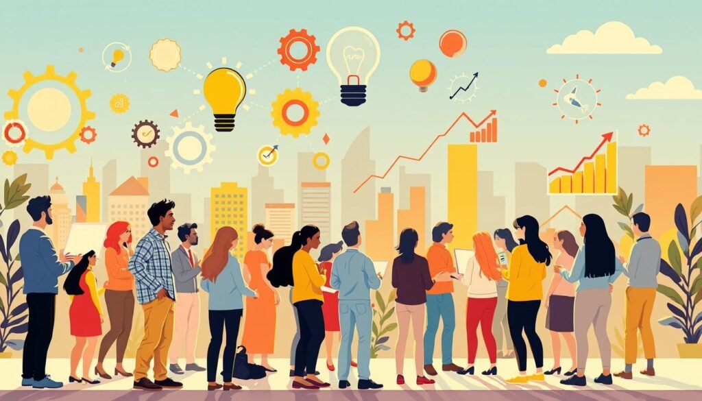 A vibrant, dynamic illustration depicting the benefits of continuous development skills. In the foreground, a diverse group of individuals collaborating, brainstorming, and implementing new ideas, conveying a sense of constant growth and improvement. The middle ground showcases various visual metaphors, such as gears, lightbulbs, and progress charts, symbolizing the mechanics of continuous development. The background features a stylized, minimalist cityscape, hinting at the broader organizational and societal impact of these skills. The scene is bathed in warm, optimistic lighting, creating an atmosphere of progress, innovation, and empowerment. Technical details should include a wide-angle lens, high-key lighting, and a slightly elevated perspective to capture the collaborative and expansive nature of the subject matter.