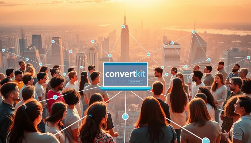 A vibrant, dynamic network of creators connected through a central hub, with a sleek, modern aesthetic. In the foreground, a diverse group of content creators, each with their own unique style and personality, collaborating and exchanging ideas. In the middle ground, a stylized representation of the ConvertKit platform, with clean lines and a intuitive user interface. In the background, a cityscape of skyscrapers and tech hubs, symbolizing the global reach and influence of the Creator Network. Warm, natural lighting casts a soft glow, creating a sense of collaboration and community. The overall composition conveys the power of connection, the strength of community, and the endless possibilities for audience growth.